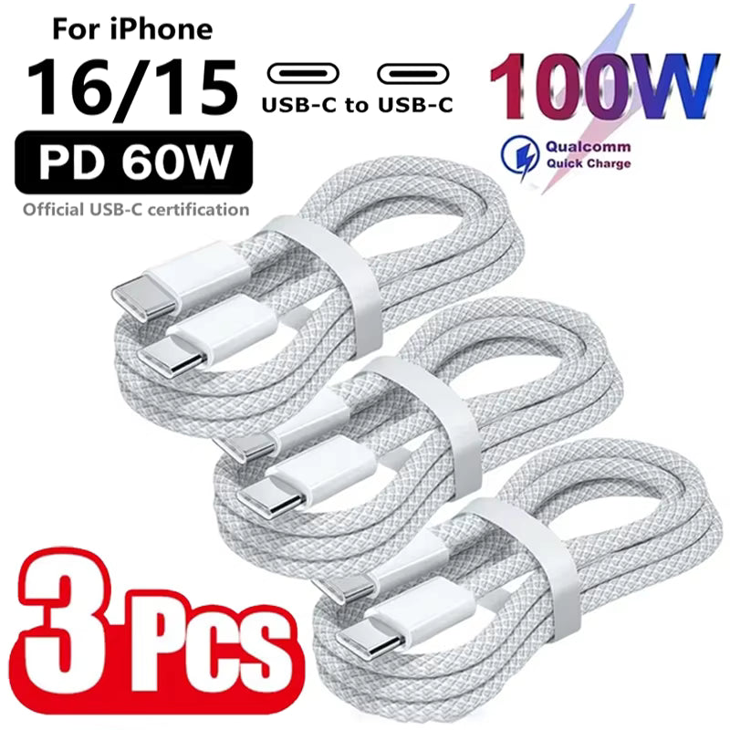 3PCS USB C Cable to USB C 100W Fast Charging Charger Cable Supports Fast Charging For iPhone 16 15 Samsung Xiaomi Huawei etc